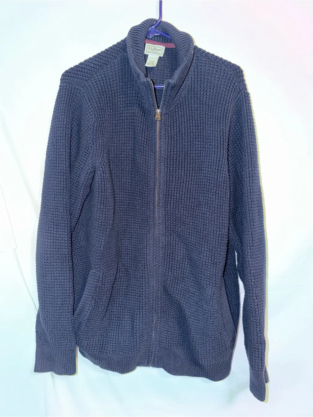 L.L.Bean Organic Cotton Full Zip Chunky Knit Cardigan Sweater Navy XL
